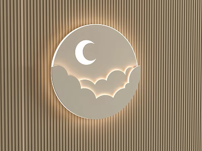 Illuminated Circular Wall Lamp With Moon And Clouds Design On Vertical Striped Brown Wall 3d model