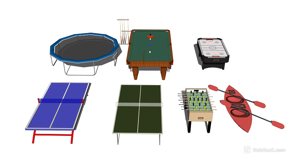 Diverse Sports Equipment Collection Featuring Trampoline Pool Table Ping Pong Table Foosball Table and Kayak 3d model 