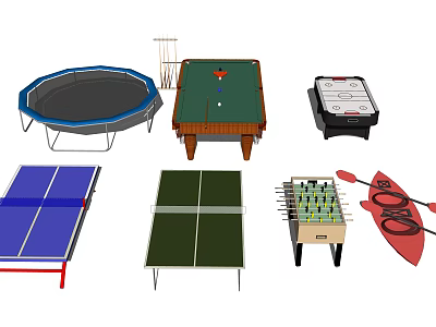 Diverse Sports Equipment Collection Featuring Trampoline Pool Table Ping Pong Table Foosball Table and Kayak 3d model