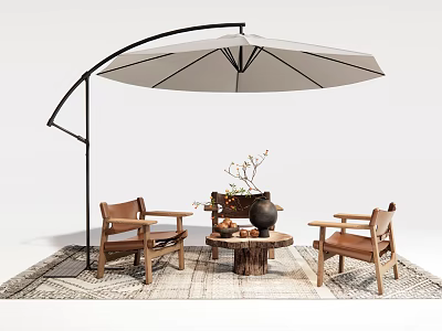 Outdoor Wooden Table With Two Brown Leather Chairs And Curved Parasol On Rug 3d model