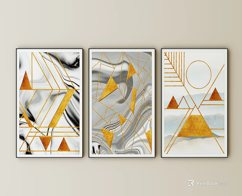 Modern Wall Art Prints With Geometric Patterns Golden Lines And Marble Texture 3d model