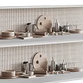 Wooden And Metal Tableware Set With Plates Mugs On White Shelf Against Striped Tile Wall