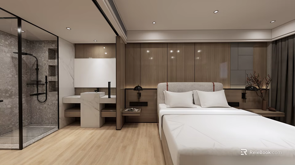 Modern Hotel Guest Room With Wooden Wall Panels Bed And Open Bathroom Area 3d model 