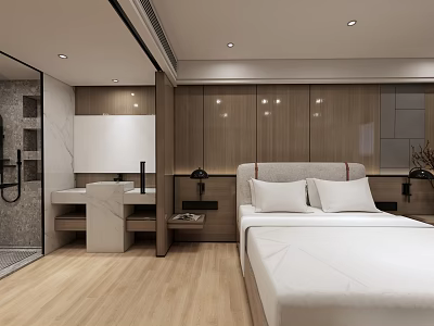 Modern Hotel Guest Room With Wooden Wall Panels Bed And Open Bathroom Area 3d model