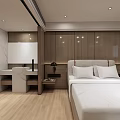 Modern Hotel Guest Room With Wooden Wall Panels Bed And Open Bathroom Area