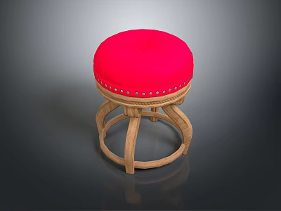 Red Padded Round Stool With Rivet Details And Wooden Curved Legs 3d model