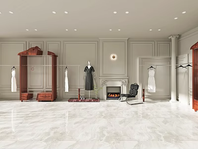 Elegant Clothing Store Interior With Hanging Garments Wooden Racks Fireplace Chair And Marble Floors 3d model