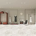 Elegant Clothing Store Interior With Hanging Garments Wooden Racks Fireplace Chair And Marble Floors