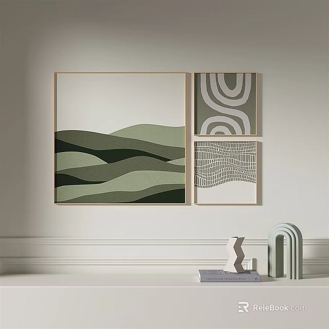 Minimalist Interior Decor With Abstract Wall Art Green Wave Patterns And Sculptures 3d model
