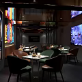Modern Bar Interior With TV Screen Performers Green Chairs And Trophies On Tables
