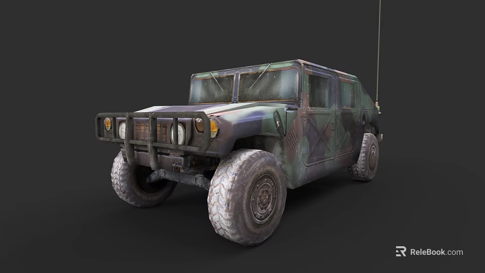 Military Style Off Road Car With Camouflage Paint Large Tires And Antenna 3d model 
