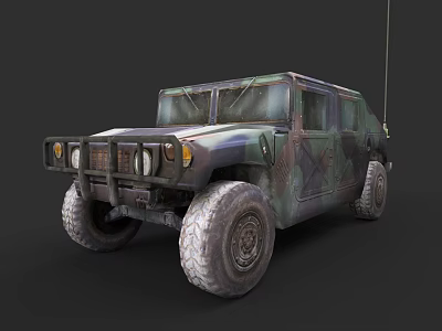 Military Style Off Road Car With Camouflage Paint Large Tires And Antenna 3d model
