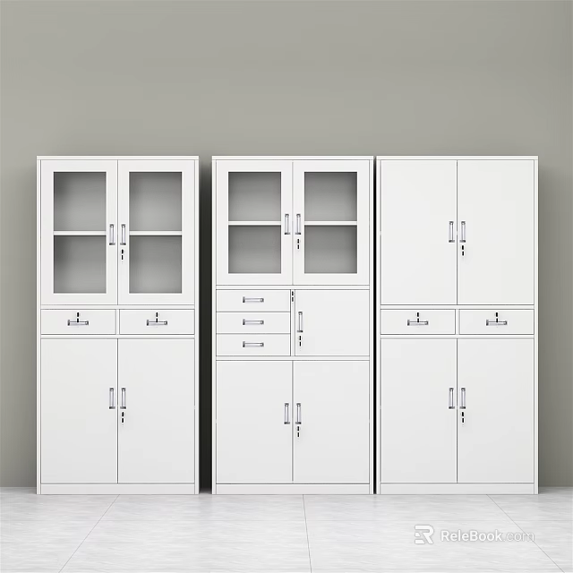 White Bookcases With Glass Doors Drawers And Closed Cabinets In Various Styles 3d model 