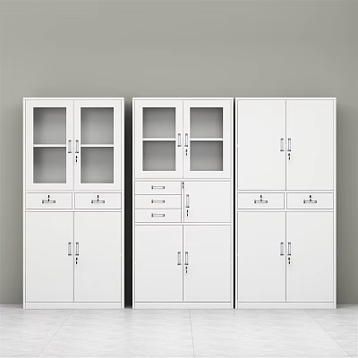 White Bookcases With Glass Doors Drawers And Closed Cabinets In Various Styles 3d model