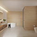 Modern Bathroom Interior With Wooden Walls Glass Shower Enclosure Bathtub Toilets And Natural Light