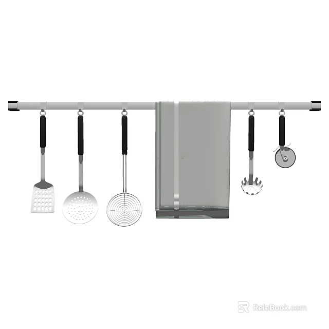 Essential Kitchen Utensils Hanging On Rod With Spatula Slotted Spoon Skimmer And Towel 3d model 
