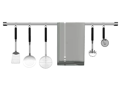 Essential Kitchen Utensils Hanging On Rod With Spatula Slotted Spoon Skimmer And Towel 3d model