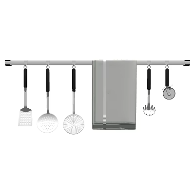 Essential Kitchen Utensils Hanging On Rod With Spatula Slotted Spoon Skimmer And Towel 3d model