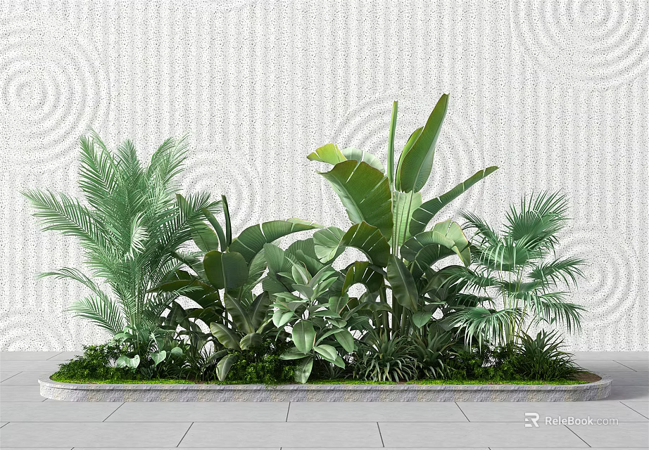 Green Plants Arrangement In Rectangular Planter With Textured White Wall And Gray Tiled Floor 3d model 