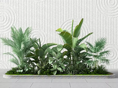 Green Plants Arrangement In Rectangular Planter With Textured White Wall And Gray Tiled Floor 3d model