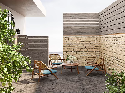 Garden Landscape with Outdoor Patio Wooden Flooring Rattan Chairs Blue Cushions and Green Plants 3d model