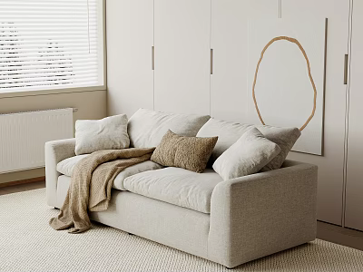Light Gray Two Seater Sofa With Soft Cushions And Throw Blanket In Modern Minimalist Room 3d model
