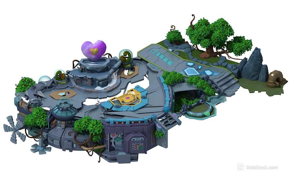 Cartoon Scene With Purple Heart Structure Green Trees Rocks And Pathways 3d model