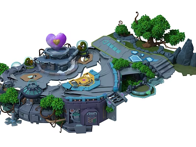 Cartoon Scene With Purple Heart Structure Green Trees Rocks And Pathways 3d model