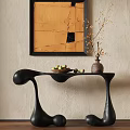 Elegant Console Table With Vase Twigs Fruit Bowl On Beige Wall And Orange Painting