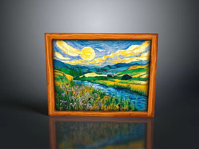 Van Gogh Style Landscape Painting With Wooden Frame Yellow Sun Green Fields River And Mountains 3d model