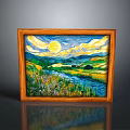 Van Gogh Style Landscape Painting With Wooden Frame Yellow Sun Green Fields River And Mountains