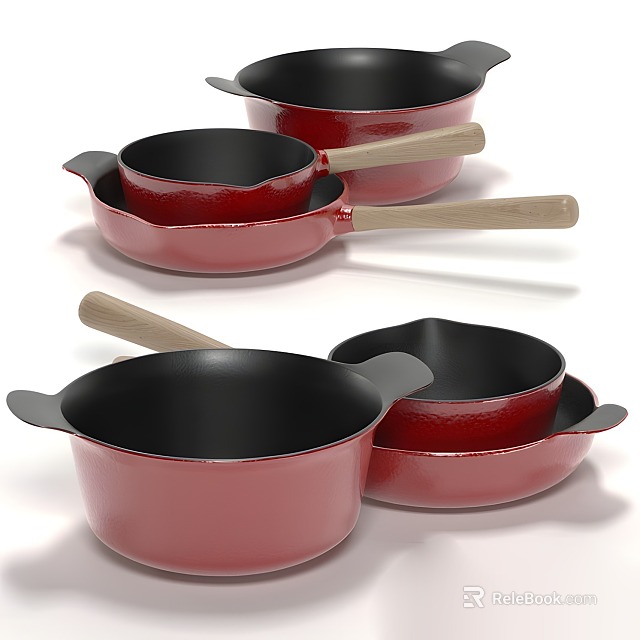 Red Enameled Cookware Set With Wooden Handles Black Interior Various Sizes Pots Pans 3d model 
