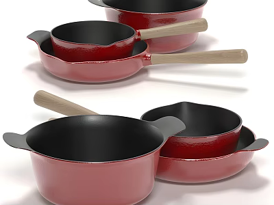 Red Enameled Cookware Set With Wooden Handles Black Interior Various Sizes Pots Pans 3d model