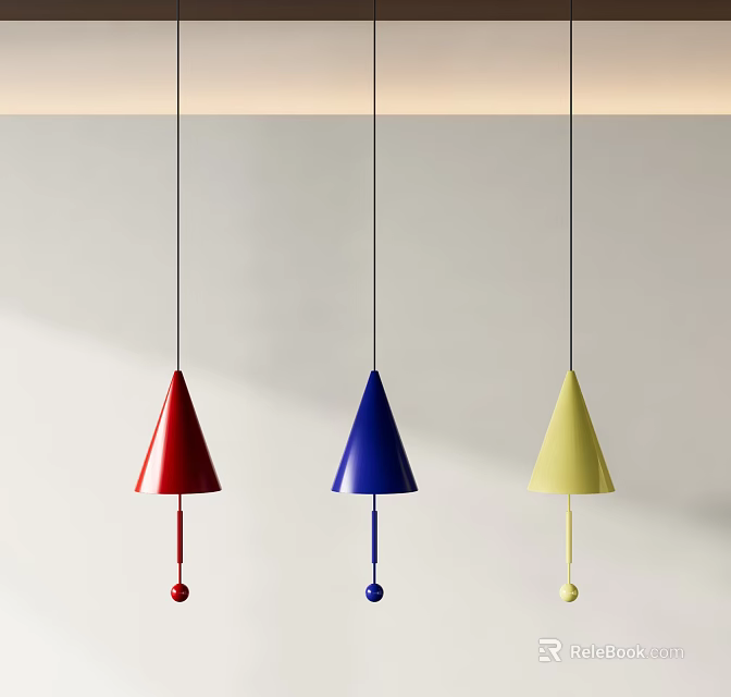 Three Cone Shaped Pendant Lights In Red Blue Yellow With Hanging Wires And Bottom Balls 3d model 