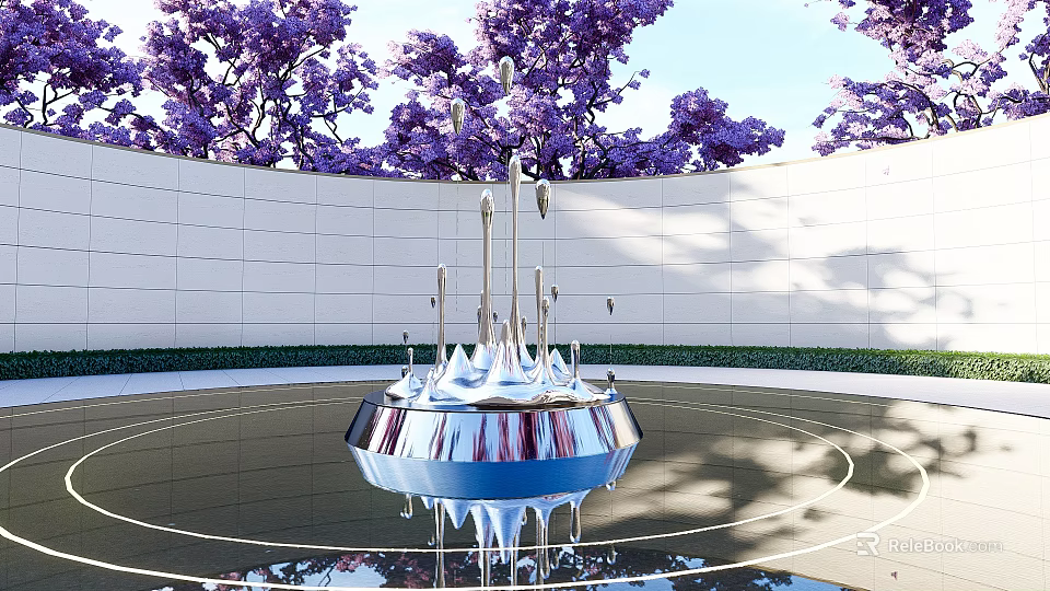 Silver Modern Sculpture With Purple Trees And White Wall On Circular Ground With Reflection 3d model 