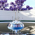 Silver Modern Sculpture With Purple Trees And White Wall On Circular Ground With Reflection