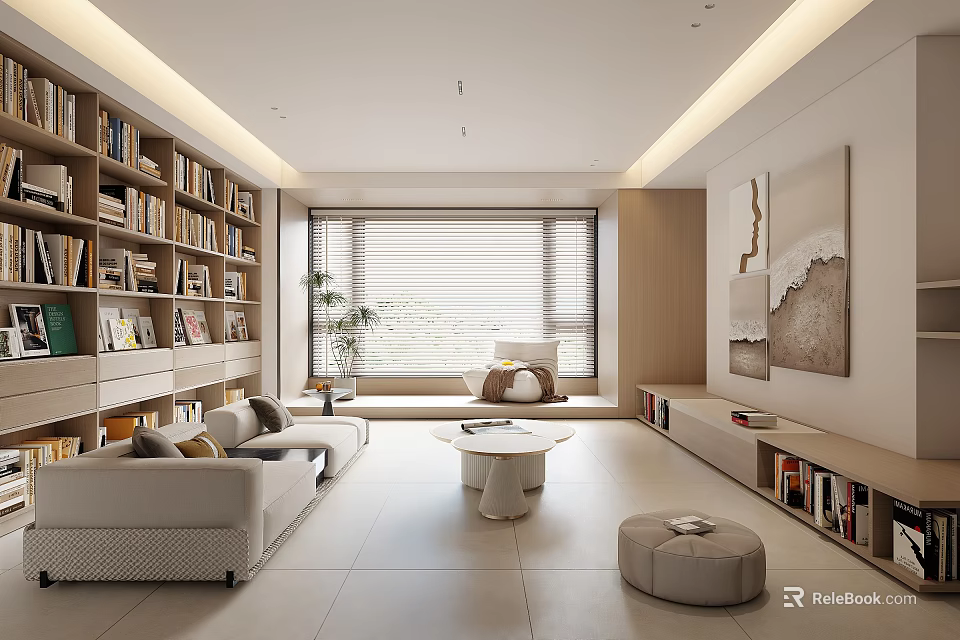 Modern Living Room Interior With Open Bookshelves Sofa And Floor to Ceiling Windows 3d model 