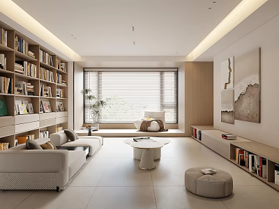 Modern Living Room Interior With Open Bookshelves Sofa And Floor to Ceiling Windows 3d model