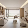 Modern Living Room Interior With Open Bookshelves Sofa And Floor to Ceiling Windows