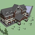 Two Story House Exterior With Brick Walls Large Windows Gabled Roof And Lawn Area