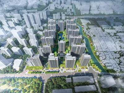 Aerial View Of Modern Residential Area With High Rise Buildings Green Spaces And River 3d model