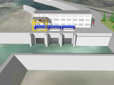 Hydraulic Dam Structure With Water Gates And Administrative Building Design 3d model