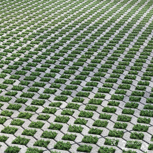 Gray Stone Paving Tiles Neatly Arranged With Green Grass In Outdoor Garden 3d model 