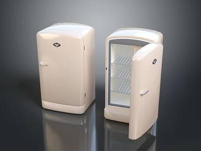 Vintage Cream Colored Refrigerators With Open And Closed Doors Displaying Interior Shelves 3d model