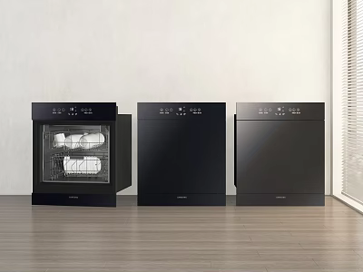 Three Black Kitchen Appliances Against White Wall In Modern Kitchen With Wooden Floor 3d model