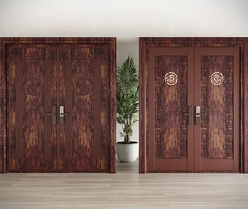 New Chinese Style Double Door Redwood Entrance Door Villa Door 3d model