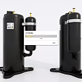 Black Industrial Compressors Two Units With Base Support Top Valves And Labels