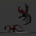 Mythical Winged Dragon Creatures Adult And Juvenile Red Black Hues Luminous Blue Accents On Sandy Base