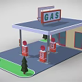 Cartoon Style Gas Station Scene With Roof GAS Sign Fuel Pumps And Green Trees