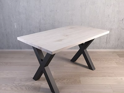Modern Desk Featuring Light Wooden Tabletop Black X Shaped Legs Gray Wall And Light Floor 3d model